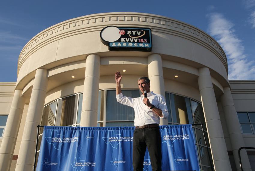 Gubernatorial candidate Beto O'Rourke speaks to attendees during a Get Out the Vote Rally hosted by the Asian American Democrats of Texas in Asiatown on October 15, 2022.