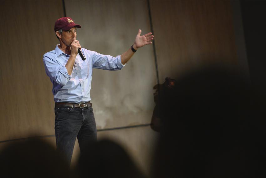 Texas gubernatorial candidate Beto O’Rourke speaks to a packed auditorium during a stop on his College Tour campaign at Texas State University on Oct. 5, 2022, in San Marcos.